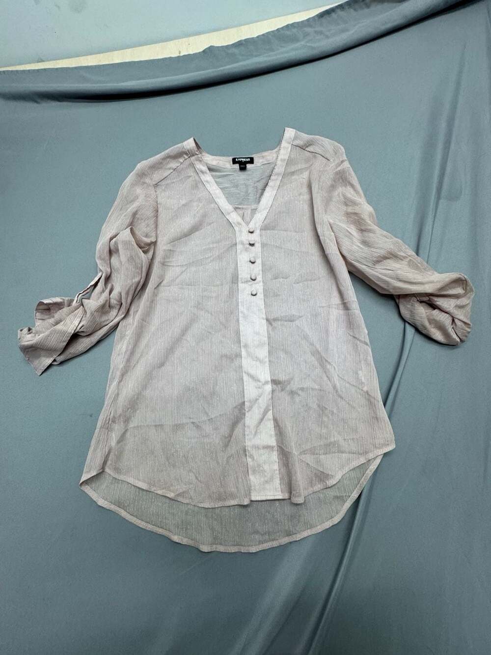 Express V-Neck Blouse Size S Pink Shimmer Button Front High Low